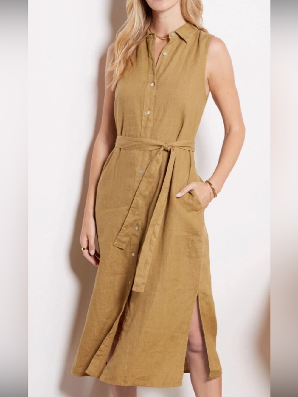 Faherty LAGUNA Linen Midi Sleeveless Shirtdress Dullgold Sz M